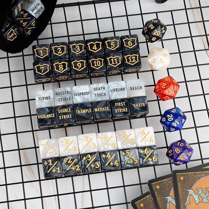 65 Pieces MTG Dice Counters Life Keyword Counter Dice Set Plus One/+1 Buff Abilities Shield Tokens for MTG, TCG, Cards Gaming Accessories