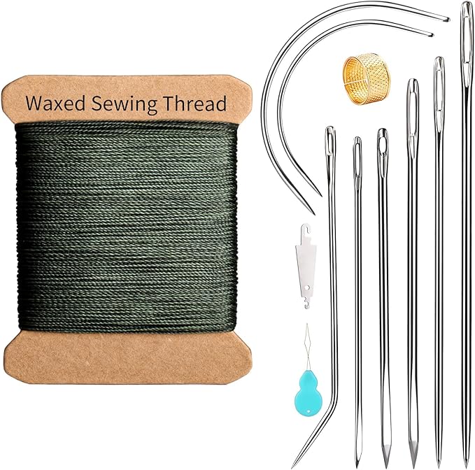 Repair Sewing Kit, Upholstery Needle and Thread Kit with 32 Yard Waxed Thread and 8 Pcs Heavy Duty Leather Needles for Hand Stitching, Canvas & Quilting - 0.55mm Round Waxed Green