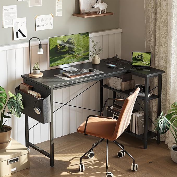 TIQLAB Small L Shaped Computer Gaming Corner Desk with Power Outlets, Reversible Shelves for Study, Writing Table for Home, Office, Bedroom, Living Room, 40 inches, Black