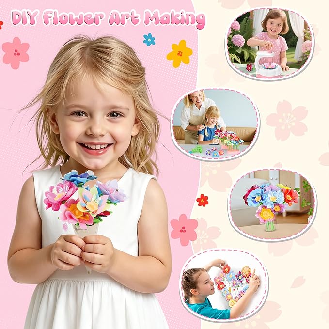 GirlsHome 300+PCS Fabric Flower Bouquets Toys, DIY Flower Crafts Kits for Kids, Arts and Crafts for Kids Ages 6-8 Girls, Build Flower Bouquet, STEM Educational Toy Preschool Gifts (White Pink)