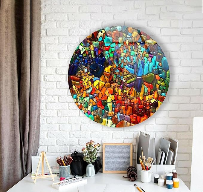 My Photostation.com 10''(25cm) Diameter Red Mosaic Round Glass Wall Art Tempered Glass Printing Wall Decor Large Wall Art Wall Hangings