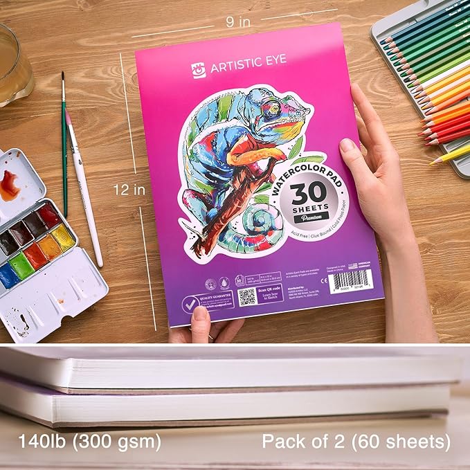 ARTISTIC EYE 9x12” Premium Watercolor Pads, Pack of 2 (60 Sheets), Glue Bound, 140lb (300gsm), Acid-Free Paper, Perfect for Most Wet & Dry Media, Ideal for Beginners, Artists & Professionals