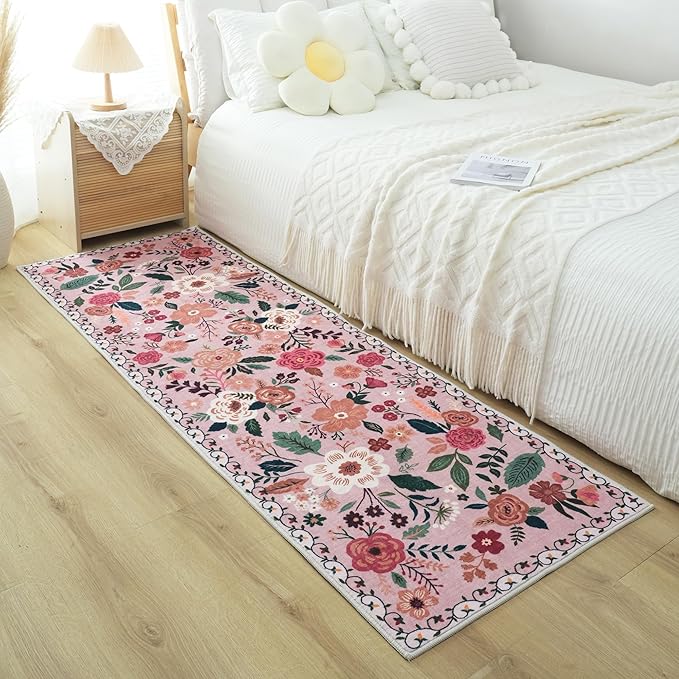 Rugcomf Runners for Hallways Kitchen Runner Rug Non Slip 2'x 10' Long Washable Rugs with Rubber Backing Soft Floral Carpet Runner for Hallways, Kitchen, Laundry, Bedroom, Bathroom(Pink)