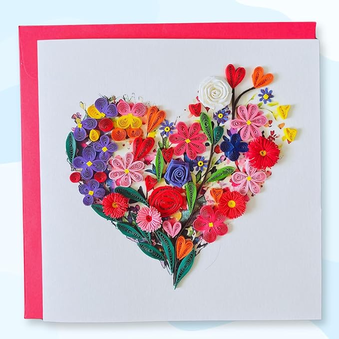 Quilling Cards, handmade card, quilled cards with Handmade Art Quilling birthday card for women, Birthday card, mother... colorful heart design (Flowers Heart 1)