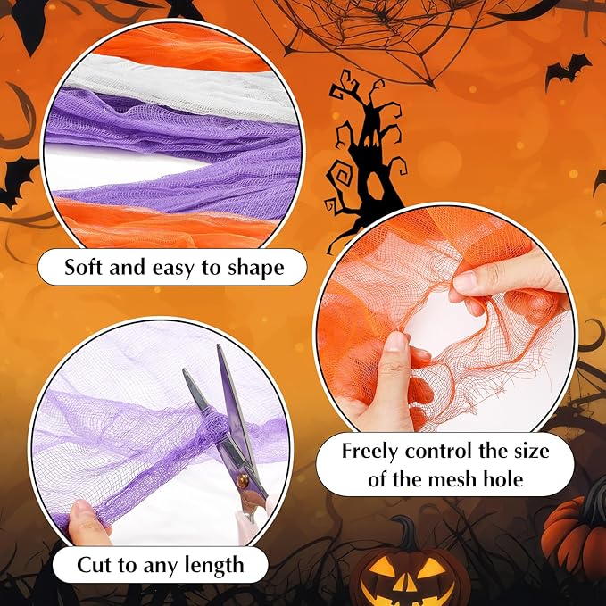 Boao Halloween Cheese cloth 84.65 x 590.55 Inch White Orange and Purple Cheesecloth Roll for Crafts Large Cotton Muslin Gauze Fabric for Halloween Outdoor & Indoor Spooky Decoration