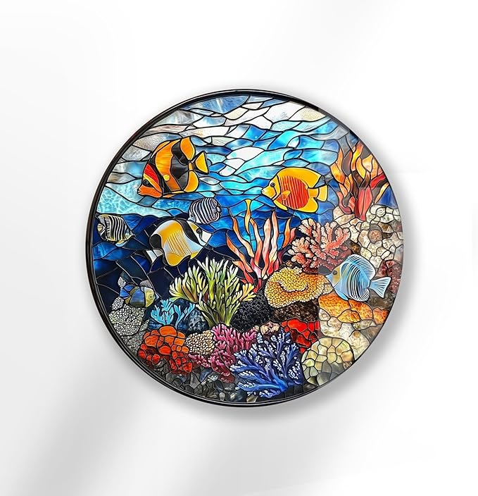 My Photostation.com 20''(50cm) Diameter Coral Reef Mosaic Round Glass Wall Art Tempered Glass Printing Wall Decor Large Wall Art Wall Hangings