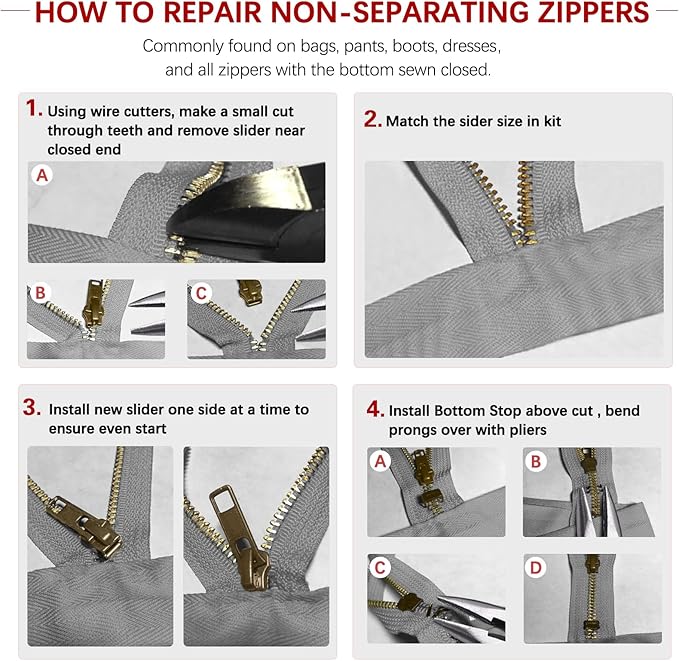 Zipper Repair Kit (188 Pcs) - Universal Fixer for Luggage, Backpacks, Jackets, Coats & Boots Includes #3#5#8#10 Sliders, Zipper Pull Replacement, Stops & Repair Tool（Non-YKK Compatible）
