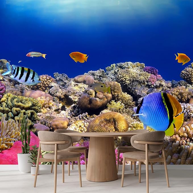 wall26 Removable Wall Sticker/Wall Mural Tropical Blue Fish Coral Reef Ocean Seascape Nature Wilderness Photography Realism Nautical Landscape Decorative for Living Room, Bedroom, Office - 66"x96"