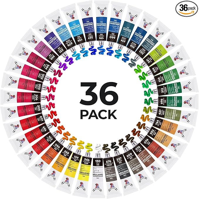 MeiLiang Watercolor Paint Set 36 Vibrant Colors 5ml / 0.17 Fl Oz Tubes, Watercolor Tubes with Great Value, Water Color Paints Art Supplies for Adults, Artists & Beginners