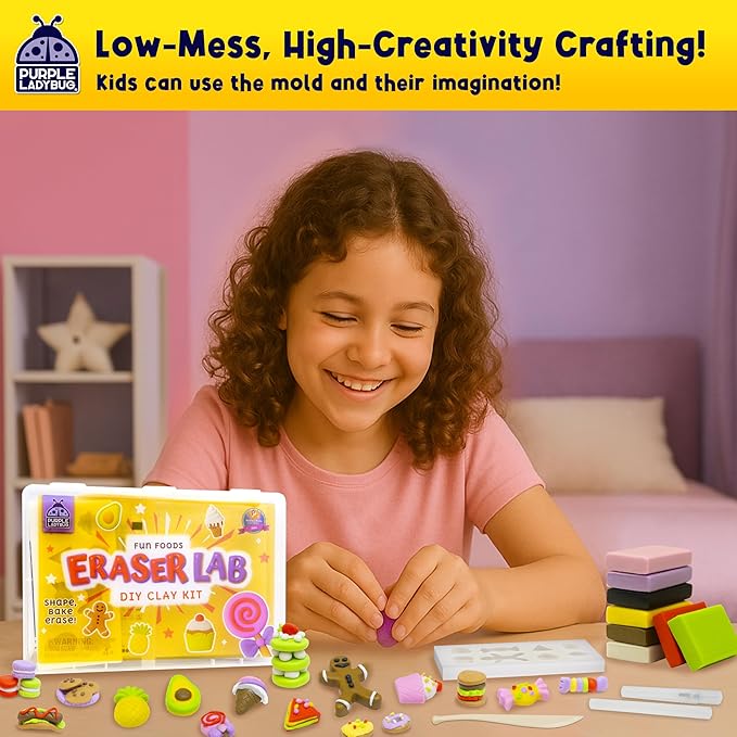 Eraser Lab DIY Clay Kit - Food-Themed Fun Eraser for Kids Craft Set, 8 Clay Colors, Mold Tray & Shaping Tool, Christmas Presents for Kids, Creative Activity for Boys & Girls Aged 4+, Gift for Birthday