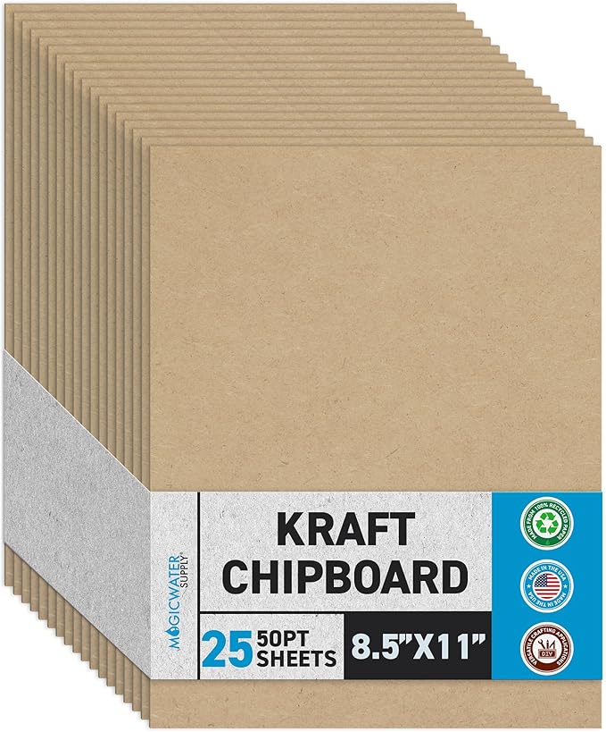 MagicWater Chipboard Sheet for DIY Projects - 8.5x11 Inch - 25 Pack - 50 pt - Heavy Duty Kraft. (0.050 Inch Thick) Paperboard, for Scrapbooking, Books, Picture Frame Backing, Arts Project & Crafts