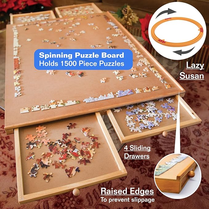 Bits and Pieces Rotating Puzzle Board with Drawers – 1500 Piece Jigsaw Puzzle Table Organizer with Lazy Susan Spinner – The Original Premium Wooden Puzzle Board for Adults, Portable & Durable Design