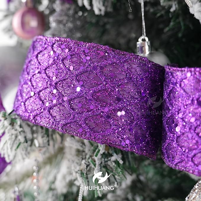 HUIHUANG Purple Wired Ribbon for Christmas Tree 2.5 inch Purple Glitter Diamond Mesh Ribbon for Tree Decoration, Wreaths, Garland, Gift Wrapping, Large Bows Making, Halloween Decor -10 Yards