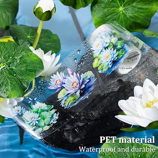Lotus Pond PET Tape Set, 4 Rolls Pre-Cut Floral Stickers for Scrapbooking, Journaling, DIY Crafts, and Planner Decoration