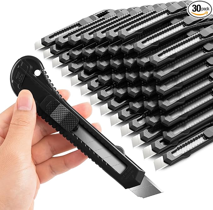 DIYSELF 30 Pack Box Cutter Retractable, Box Cutters with 18mm Wide Utility Blades, Sharp Utility Knife Retractable, Box Cutter Knife for Office, Home, Arts Crafts, Hobby, Cardboard, Paper