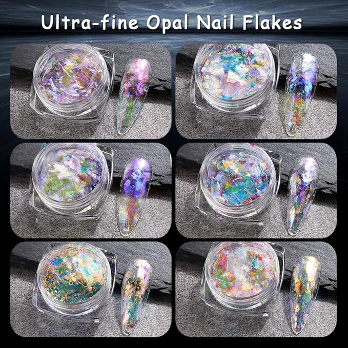 Holographic Opal Nail Art Glitter Flakes, 6 Colors Aurora Iridescent Pigment Powder Irregular Ice Crystal Mermaid Paillettes Sparkly Chunky Glitter Sequins for DIY Manicure Nail Decorations
