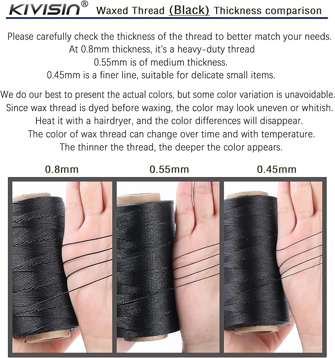 Bonded 0.8mm Round Waxed Polyester Cord, 3-ply Wax Coated Thread, 197 Yards Stiff String for Heavy Duty Fabric, Leather Sewing, Book Binding, Upholstery Repair, and Macrame Jewelry - Black