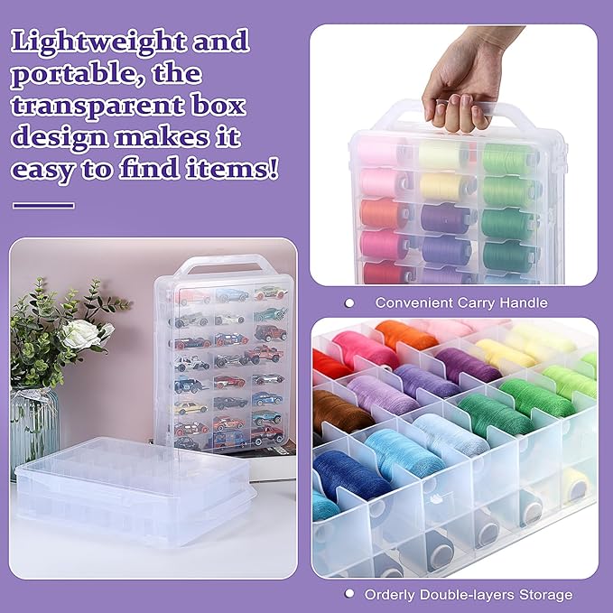 OwnMy 2 Pack 46 Grids Sewing Thread Organizer, Double-Sided Thread Spool Storage and Organizer Boxes, Plastic Embroidery Threads Embroidery Floss Organizers Boxes for Small Toys Cars, Sewing Crafts