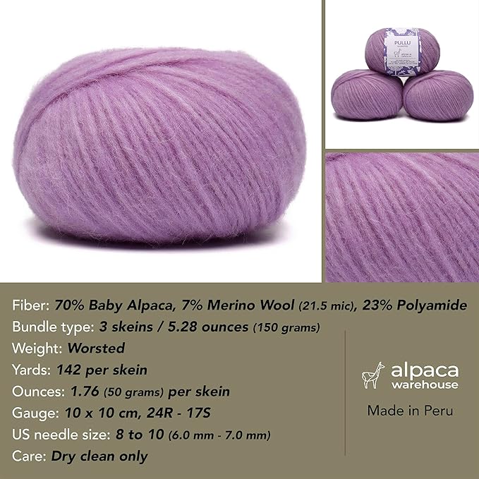 Pullu - Baby Alpaca Merino Wool Yarn Set of 3 Skeins (150 Grams) Worsted Weight - Sourced Directly from Peru - Heavenly Soft and Perfect for Knitting and Crocheting (Lavender Fields)