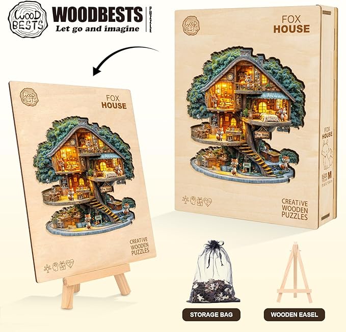WOODBESTS Wooden Puzzles for Adults (270 Piece, L, 13.4 * 13.4in) Fox House Wood Puzzle Adult, Unique Wooden Animal Jigsaw Puzzles, Family Game and Birthday Gifts for Friend