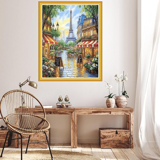 Hopeart Stamped Cross Stitch Kits for Beginner Embroidery Kits for Beginners Adults DIY 11CT Cross Stitch Patterns Needlepoint Kits Crossstitching Kits-Eiffel Tower Street 16x20 inch