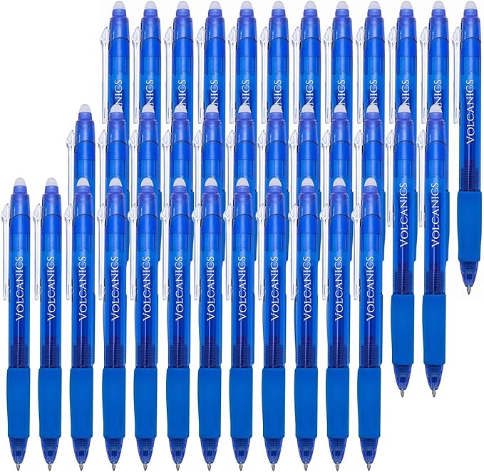 Volcanics Retractable Clicker Erasable Gel Pens - 0.7mm Ball Point, Heat Erase with Built-in Eraser, 36 Pack Blue