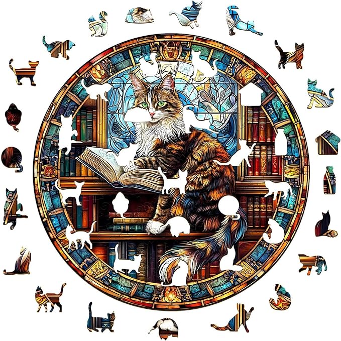 Wooden Puzzles Adults, Maine Cat Library Wooden Puzzles 200 Pieces, Unique Animal Shaped Wood Challenging Jigsaw Puzzles Gifts for Adults, 11.4x11.4in