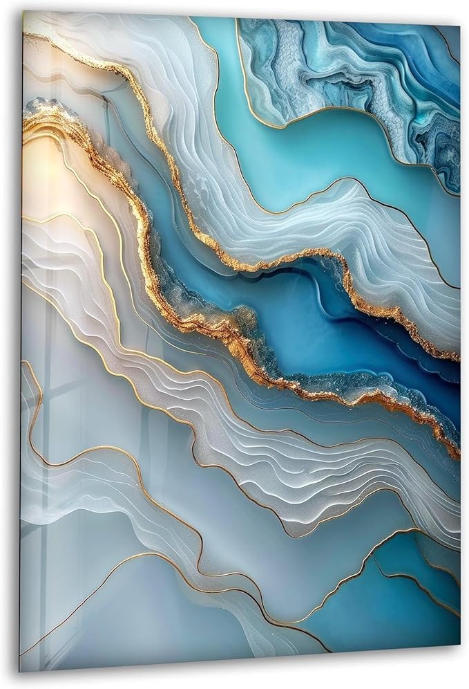 My Photostation.com 30Wx35.5H'' Turquoise and Blue Alcohol ink Glass Wall Art Tempered Glass Printing Wall Decor Large Wall Art Wall Hangings