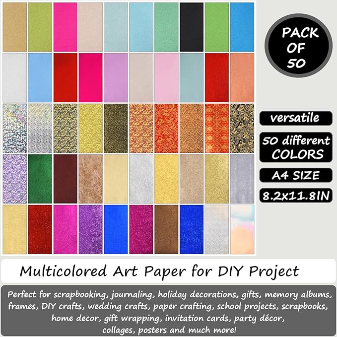 A4 Glitter Embossed Metallic Foil Paper Pack - 50 Sheets Assorted Colors & Designs Sparkly Holographic Premium Construction Paper for Gift Box Wrapping Birthday Party Scrapbook Paper