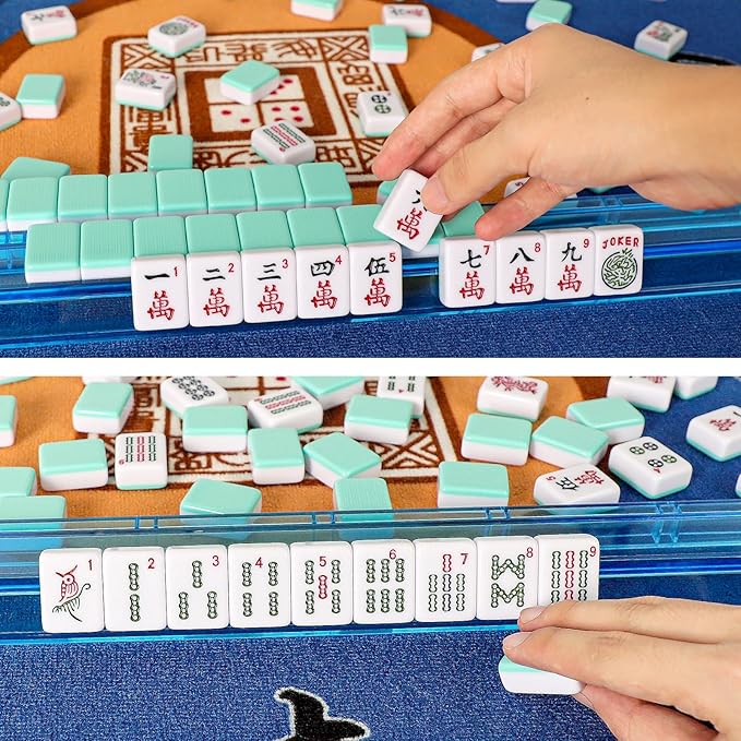 American Mahjong Game Set, 166 Light Green Tiles, 4 All-in-One Color Rack/Pushers, Complete Mahjong Tile Set, Light Green Carrying Bag