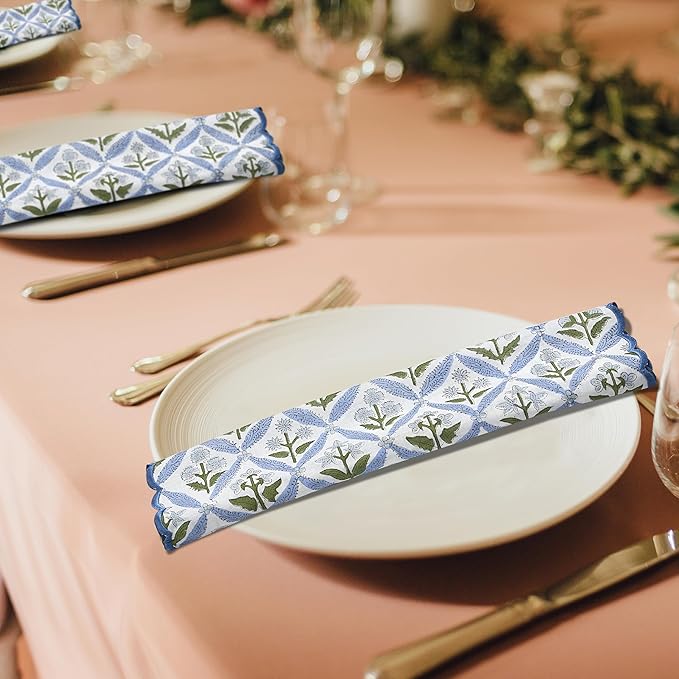 Ridhi Light Steel Blue Hand Block Print Napkins 18" x 18" Set of 4 Reusable Cotton Dinner Napkins for Weddings, Parties & Everyday Dining, Thanksgiving, Christmas, Fall