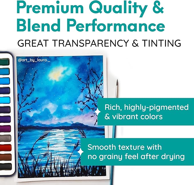 MozArt Supplies Watercolor Paint Essentials Set - Lightweight and Portable Metal Box - Lid Has 3 Partitions for Color Mixing - Easy-to-Blend Non-Toxic Formulation - 24 Vibrant Colors with Paintbrush