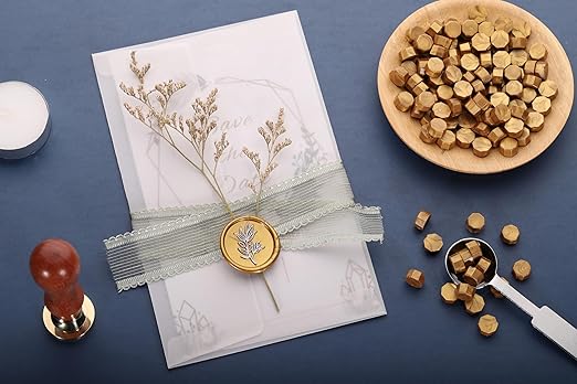 Yoption 360Pcs Wax Seal Beads, Metallic Antique Gold and Green Mix Sealing Wax Beads with 2Pcs Tea Candles and Spoon for Gift, Invitation, Envelope