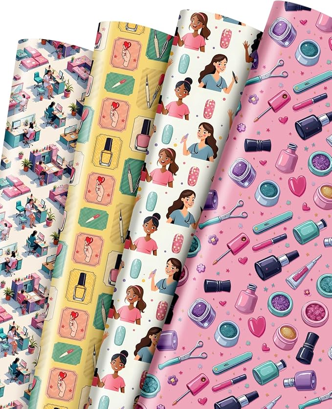 Pineraap 12 Sheets Nail Art Wrapping Paper, Manicure Gift Wrap Paper with Nails Polish Bottles & Salon Scenes, Folded Flat Paper for Nail Art Lovers Birthday DIY Crafts, 19.7 x 27.6 Inch