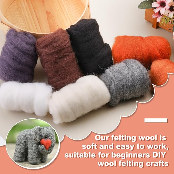 Wonvoc Needle Felting Wool 2.82 OZ (80 g), 8 Colors Wool Roving, Felting Wool Bulk, Wool Roving for Needle Felting, for DIY Craft Materials, White, Black, Brown