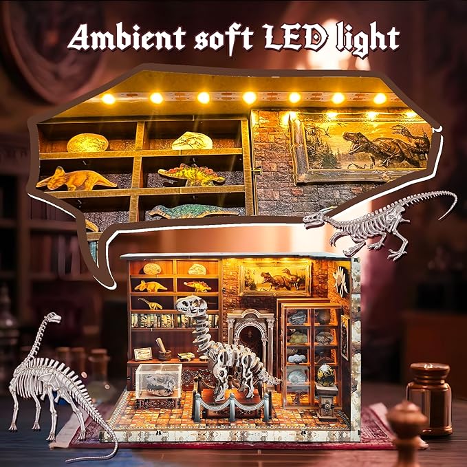 3D Wooden Puzzles for Adults, DIY Miniature Dollhouse, Book Nook Kit, Built-in LED Model Kit Hobby Gifts for Adults Teens Home Decor, Ideal Gift for Teenager and Men (Dinosaur Museum)