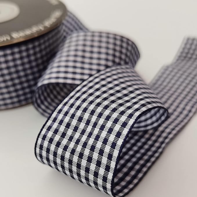 1.5 Inch Blue and White Woven Edge 100% Polyester Gingham Ribbon 25 Yards Each Roll (1-1/2", Blue)