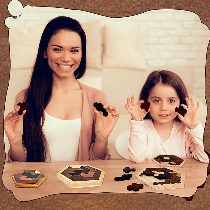 6 Pack Wooden Hexagon Tangram Puzzle Wood Tangram Block Puzzle Set with Storage Bag for Challenge Intelligence Teasers Logic Mind Game
