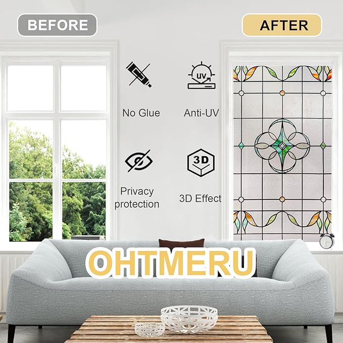 3D Stained Glass Window Privacy Film, Heat Control UV Blocking Static Cling Decorative Window Film for Bathroom,Front Door,Home Non Adhesive,16.9 x 39.3 inches Verdant Whispers