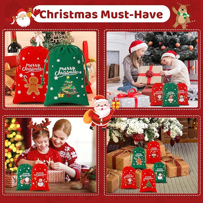 Tapleap Christmas Bags with Drawstring - 50Pcs 4x6 Red and Green Velvet Cloth for Wrapping Dice, Jewelry, Party Favors or Gifts for Friends, Children, Customers