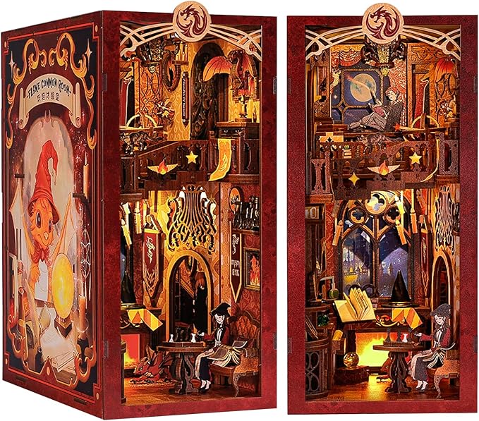 CUTEBEE Book Nook Kit - DIY Miniature House Dollhouse Kit for Adult and Teens, Booknook Bookshelf Decor Alley Model Build with LED Light, Gifts for Family and Friends (Flame Common Room)