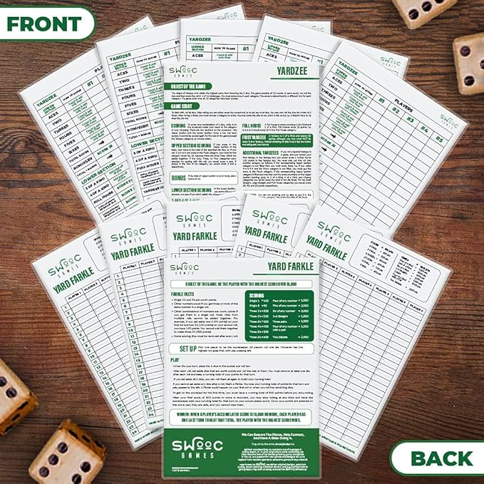 SWOOC Games® - 5 Big Premium Laminated Yardzee & Farkle Score Cards (11.5in x 8in) with Rules - Large Reusable Dry Erase Pads for Giant Outdoor Dice