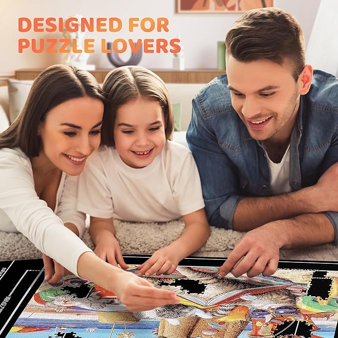 Lwoeo Jigsaw Puzzle Mat Roll Up, No Creases 53.3” x 35” Rubber Saver Pad Up to 3000 Pieces, Black Large Puzzel Matte Rollup with 6 Sorting Trays & 1 Storage Bag. Ideal for Holiday and Birthday