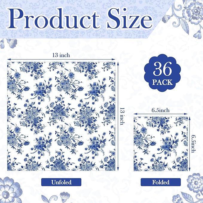 Epakh 36 Pack 6 Style Blue and White Decoupage Paper Napkins Assorted Floral Chinoiserie Decorative Cocktail Napkin Paper for DIY Crafts Fall Christmas Wedding Party Decor, Each Unfolded 13''