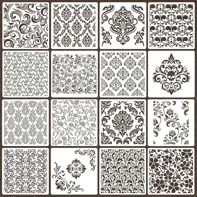 Damask Stencils for Crafts Reusable 6” Texture Stencils Floral Background Stencil Leaf Templates for Painting on Wood Furniture Card Canvas