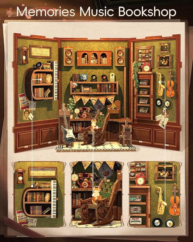 CUTEBEE Book Nook Kit - DIY Miniature House Dollhouse Kit for Adult and Teens, Booknook Bookshelf Decor Alley Model Build with LED Light, Gifts for Family and Friends (Memories Music Bookshop)