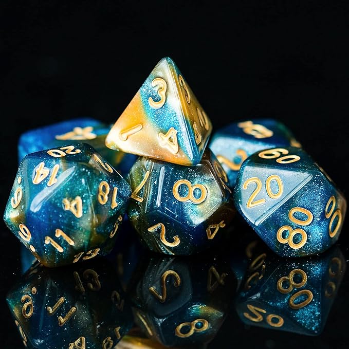 7-Die DND Dice Set Polyhedral Dice Set with a Leather Dice Bag, D&D Dice Set for Dungeons and Dragons, RPG Table Games (Blue Yellow/Glitter)