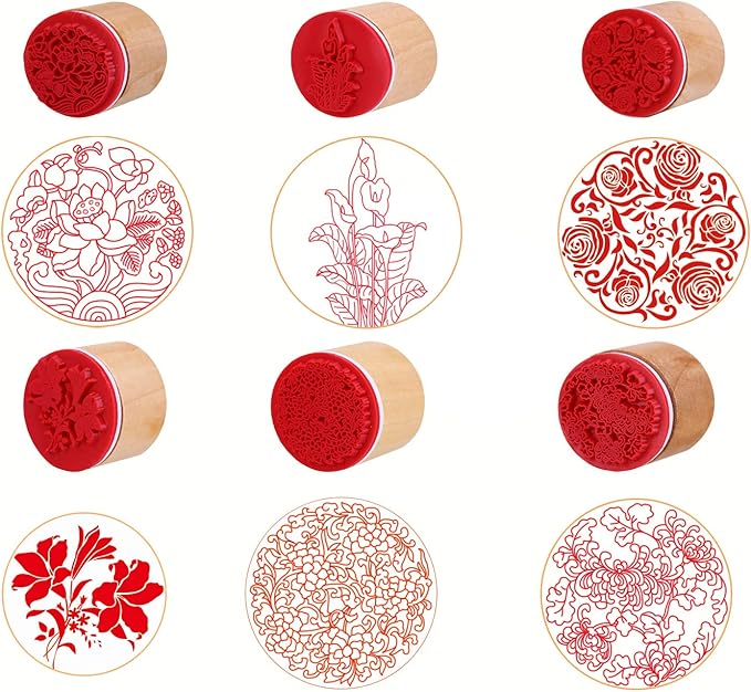 CCINEE 6pcs Round Rubber Stamps Floral Pattern Wooden Stamps for Christmas Scrapbooking Cards and Crafts Making