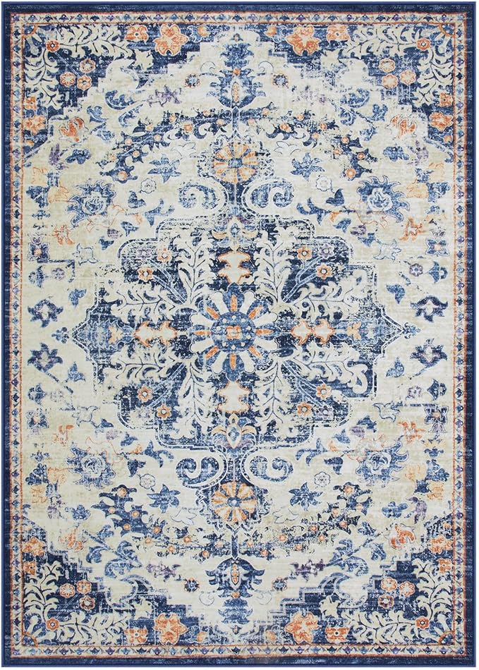Lahome Large Area Rug 5x7 Washable Bohemian Rug for Bedroom Living Room, Medallion Non Slip Non Shedding Low Pile Printed Accent Indoor Floor Carpet for Dining Room Office Playroom, Blue Purple/Multi