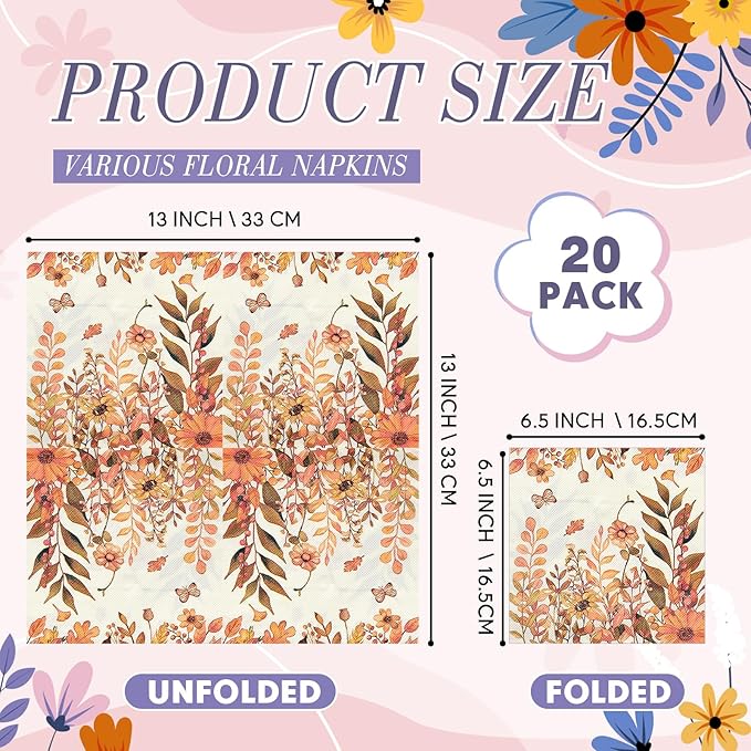 Crtiin 20 Pack Assorted Floral Napkins for Decoupage Toilet Napkins Flower Cocktail Decorative Paper for Birthday Party Beautiful Gorgeous, 20 Styles Each 6.5 inches(Style 8)